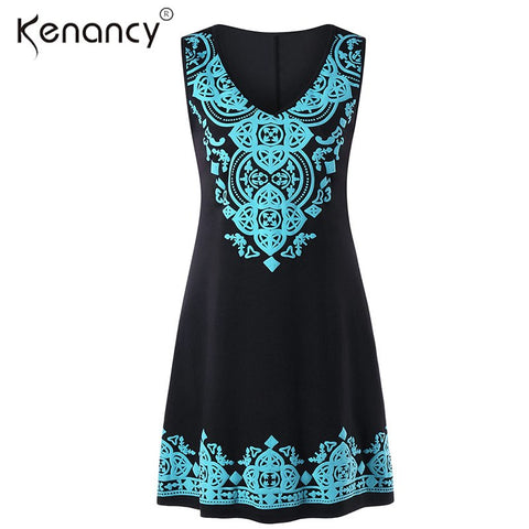 2XL Sleeveless V Neck Ethnic Print Summer Dress Women Party & OL Tribal Print Sleeveless Mini Vestidos A Line Lake Blue