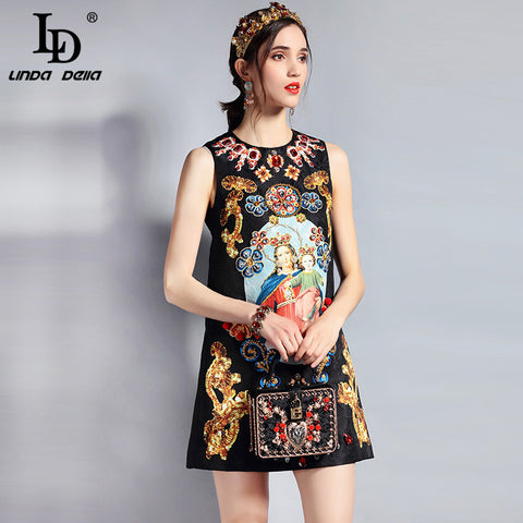 Fashion Designer Summer Dress Women's Sleeveless Luxury Crystal Beading Jacquard Print Straogjt Vintage Dress