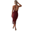 Women Sexy Backless Lace Midi Dress Summer Halter V Neck Tassel Fringe Dresses Ladies Spaghetti Strap Lace up Dress