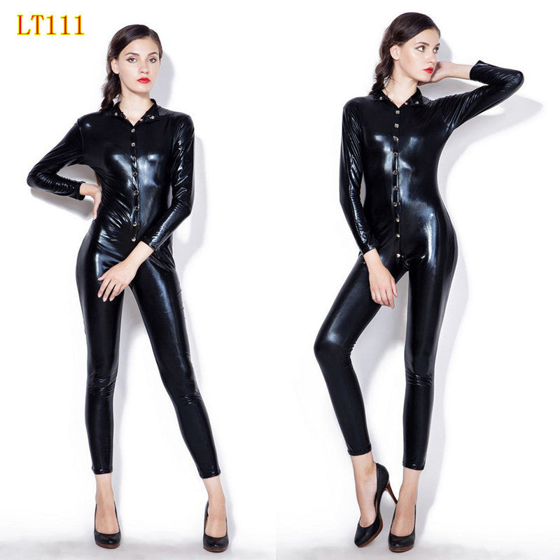 Ladies Black Sexy Latex Wetlook Catsuit Faux Leather Bodysuit Bodycon