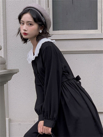 Lolita Kawaii Ins Dresses Y2k Japanese Preppy Style Gothic Women Long Sleeve Midi Dress Black Lace-up Goth Harajuku Robe