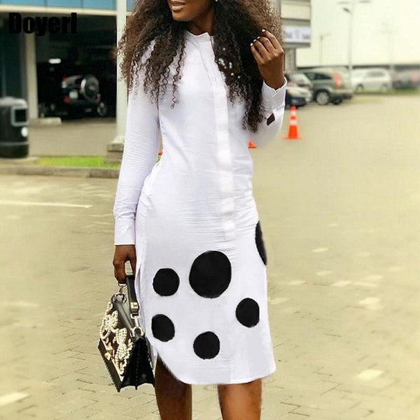 Long Sleeve White Shirt Dress Women Autumn Polka Dot Button Midi Shirt Dress Plus Size Office Elegant Casual Streetwear Dress