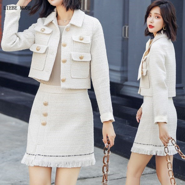 Designer Tweed Outfit Womens Elegant Mini Skirt Suits 2 Piece Set Short Jacket and Skirt Women Work Office Skirt Suits