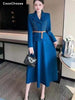 Designer Women Wool Blazer Suits With Skirt 2 Pieces Outfits Fall Winter 2023 Runway Elegant Aline Midi Dress Sets Blue