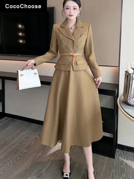 Designer Women Wool Blazer Suits With Skirt 2 Pieces Outfits Fall Winter 2023 Runway Elegant Aline Midi Dress Sets Blue