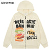 Men Hoodie Sweatshirt Jacket Streetwear Hip Hop Hamburger Letter Print Zip Up Hooded Coat 2023 Harajuku Loose Outwear