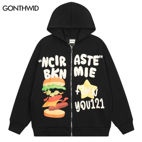 Men Hoodie Sweatshirt Jacket Streetwear Hip Hop Hamburger Letter Print Zip Up Hooded Coat 2023 Harajuku Loose Outwear