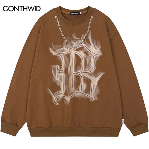 Men Hoodie Sweatshirt Streetwear Hip Hop Flame Letter B Print Crewneck Pullover 2023 Harajuku Casual Cotton Loose Sweatshirts