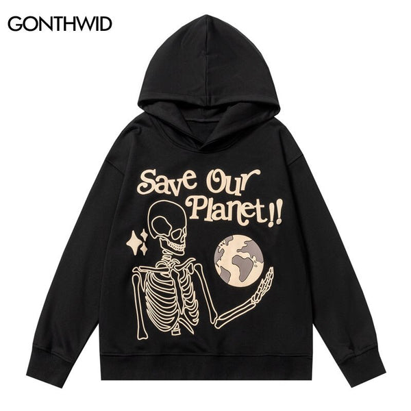 Men Punk Gothic Hooded Sweatshirt Hoodie Hip Hop Skull Skeleton Letter Print Pullover Hoodies 2023 Harajuku Casual Loose Hoodie