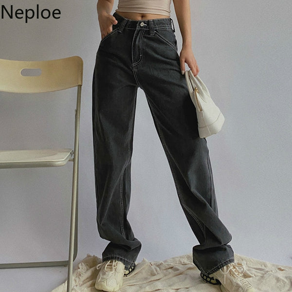 Neploe 2022 Woman High Waist Jeans Retro White Black Jeans Trousers Straight Overalls Pants Long Loose Wide Leg Jeans for Women