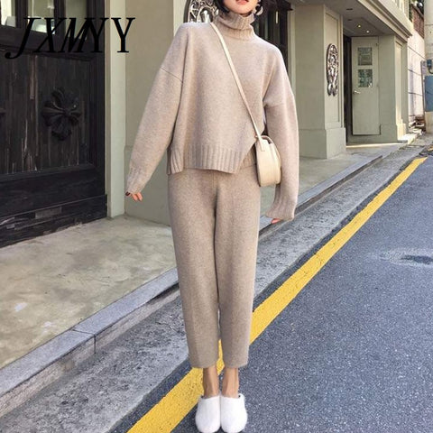 Autumn Winter Knitted Tracksuit Turtleneck Sweatshirts Women Suit clothing 2 Piece set Knit pant Female Pants suit