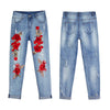 Vogue Jeans Women Stretch Loose Denim Pants Floral 3D Embroidery Bleach Ripped Pants Female Elastic Denim Jeans Pants