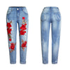 Vogue Jeans Women Stretch Loose Denim Pants Floral 3D Embroidery Bleach Ripped Pants Female Elastic Denim Jeans Pants