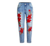 Vogue Jeans Women Stretch Loose Denim Pants Floral 3D Embroidery Bleach Ripped Pants Female Elastic Denim Jeans Pants