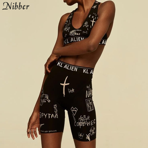 Nibber Letter Printed Two Piece Sets Women Sporty Crop Vest Top+Shorts Matching Suit Skinny Summer Slim Flexible Sportswear