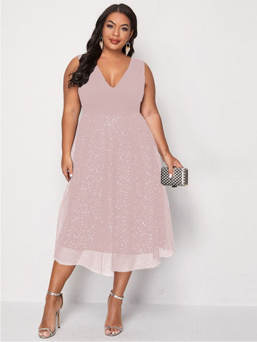 Pink Large Plus Size 4XL Midi Dress Women 2023 Summer Autumn Mesh Elegant Curvy Ladies Cocktail Prom Evening Party Dresses