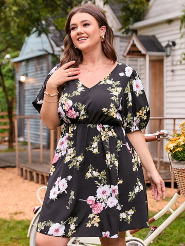 Plus Size 4XL Women Summer 2023 Black Floral Print Midi Dress Loose Half Sleeve V Neck Causal Curvy Chic Elegant Ladies Dresses