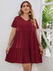 Plus Size A Line Midi Tunic Casual Dress Women's 2023 Summer Cotton Short Sleeve Wine Red Clothing Stylish Elegant Dresses