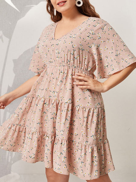 Plus Size Dress Women Floral Print Ruffles Sleeve 2023 Summer Autumn Casual Oversized 4XL Elegant Loose Pink Midi Dresses