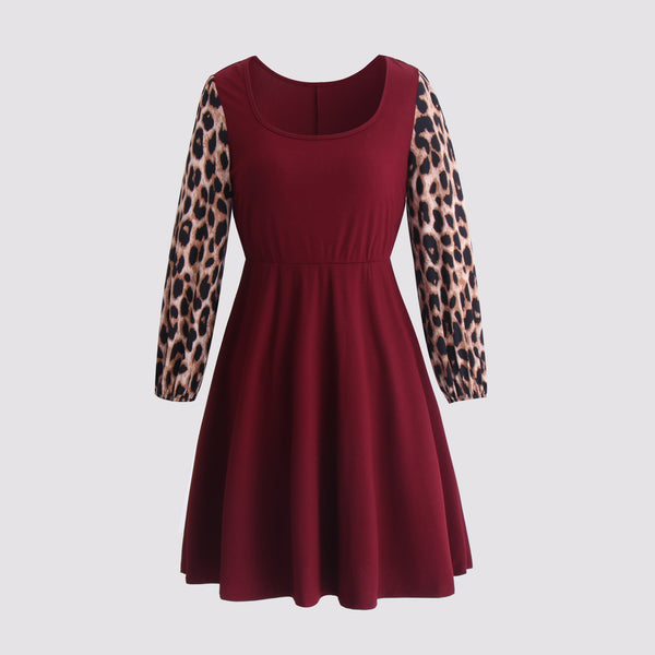 Plus Size Elegant Midi Dress for Women 2023 Autumn Winter Leopard Long Sleeve Wine Red Black Casual Dresses Large Size Clothing