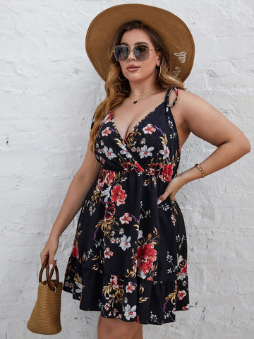 Plus Size Elegant Women Summer Midi Dress 4xl 2023 Curvy Large Size Black Floral Print Sleeveless V Neck A Line Casual Dresses