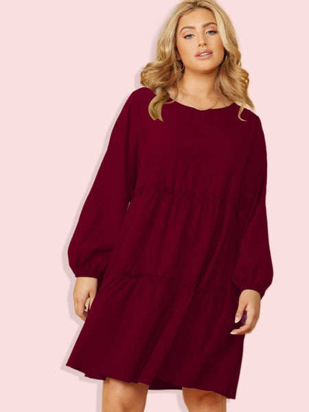 Plus Size Loose Midi Tunic Dress Lantern Sleeve O Neck Casual Oversized Dresses Woman 2023 Autumn 4XL Large Cotton Red Clothing