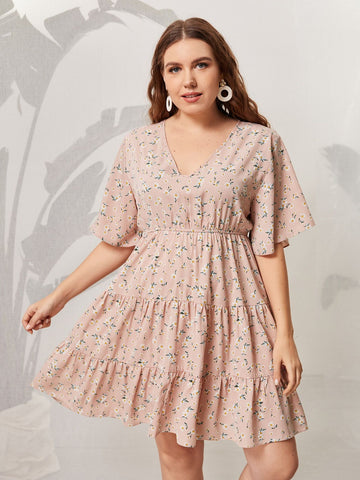 Plus Size Pink Midi Dress Women Floral Print Ruffles Sleeve 2023 Summer Autumn Casual Oversized 4XL Elegant Loose Dresses