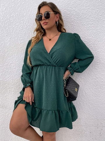 Plus Size Ruffles Midi Dress 4XL Long Sleeve V Neck Green Elegant Casual Party Dresses 2023 Summer Autumn Vintage Clothing