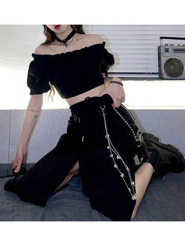 Punk Style Women Techwear Chain Cargo Skirts Emo Clothes Pockets High Slit Midi Skirt E Girl Harajuku Puff Sleeve Crop Top Sets