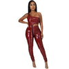 RT Casual Women PU Leather Tracksuit Two Pieces Set Tank Crop Top Long Legs Slit Pants 2 Pieces Set Faux Leather Sports Suit