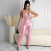 RT Casual Women PU Leather Tracksuit Two Pieces Set Tank Crop Top Long Legs Slit Pants 2 Pieces Set Faux Leather Sports Suit