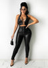 RT Casual Women PU Leather Tracksuit Two Pieces Set Tank Crop Top Long Legs Slit Pants 2 Pieces Set Faux Leather Sports Suit