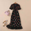 Runway  Stamping Sparkling Black Strawberry Dress Women Short Sleeve V Neck Lace Up Bow Ruffles Mesh Tulles Long Dress