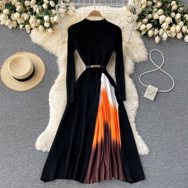 SINGREINY Women Elegant French Dress Design Splice Gradient Pleated A-line Knitted Dresses Autumn Streetwear Midi Dress