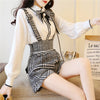 SWEETXUE Lady Bowknot Chiffon White Shirt College Wind Houndstooth Two-Piece Suit Women Set