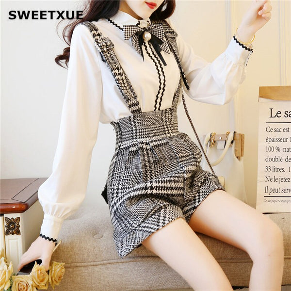 SWEETXUE Lady Bowknot Chiffon White Shirt College Wind Houndstooth Two-Piece Suit Women Set