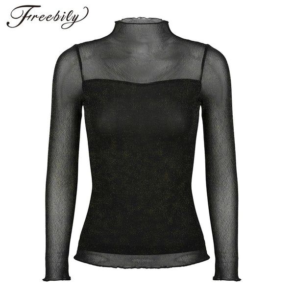 Sexy Women Blouses See Through Glitter Mesh Turtleneck Long Sleeve Sheer Blouse Casual Slim Shirt Ladies Tops Tee Clubwear