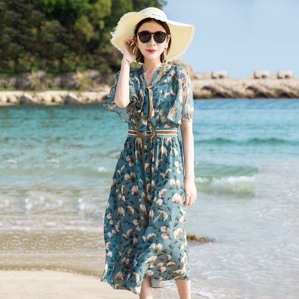 Silk dress 2022 summer style elegant V-neck fly sleeve lace up print blue dress