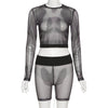 Simenual Mesh See Through Black Matching Sets Long Sleeve Crop Top And Biker Shorts Women 2 Piece Outfits Skinny Tight Solid Set