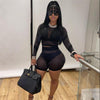 Simenual Mesh See Through Black Matching Sets Long Sleeve Crop Top And Biker Shorts Women 2 Piece Outfits Skinny Tight Solid Set