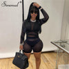 Simenual Mesh See Through Black Matching Sets Long Sleeve Crop Top And Biker Shorts Women 2 Piece Outfits Skinny Tight Solid Set