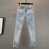 Spring Autumn Rhinestone Fringed Pencil Pants Stretch Slim High Waist Light Blue Ripped Jeans Women Denim Pants Female Trouses