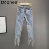 Spring Autumn Rhinestone Fringed Pencil Pants Stretch Slim High Waist Light Blue Ripped Jeans Women Denim Pants Female Trouses