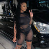 Spring Sexy Two-Piece Set Women Mesh Sheer Short-sleeve Bodysuit Crop Top+Shorts Sets Nightclub Lounge Club Outfits