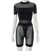 Spring Sexy Two-Piece Set Women Mesh Sheer Short-sleeve Bodysuit Crop Top+Shorts Sets Nightclub Lounge Club Outfits