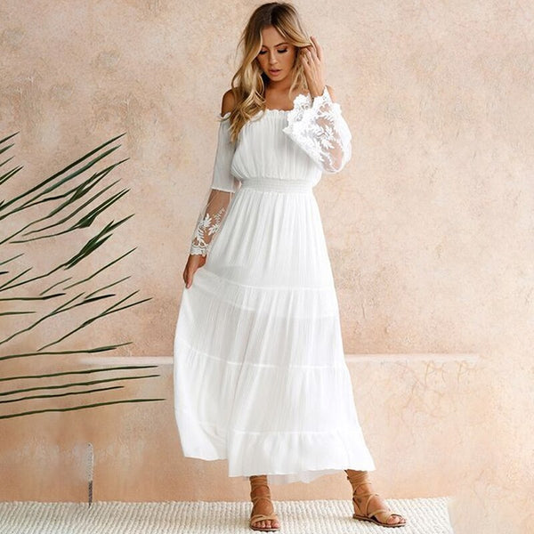 Strapless Long Sleeve Loose Sexy Off Shoulder Lace Boho Women Maxi Dress Women White Beach Dress