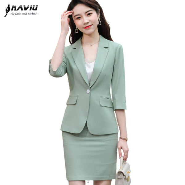 Stripes Suits Women Spring Summer Temperament Formal Half Sleeve Slim Blazer And Skirt Office Ladies Work Tops