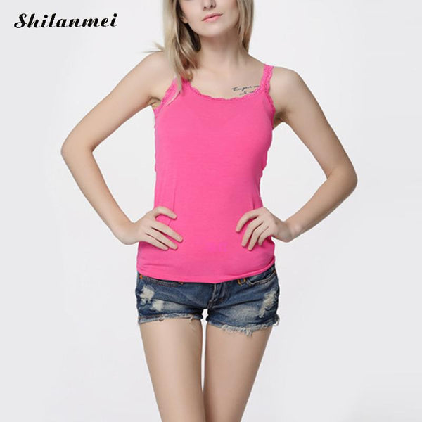 Summer Fashion Ladies O-Neck Slim lace Tank Tops Female Modal Fitness Casual Camisole Padded Spaghetti Straps Vest Tube shirt