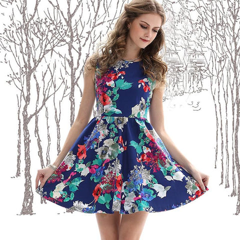 Summer Women Dress 2022 Boho New Cotton Vestidos O-Neck Sleeveless Floral Print High Waist Swing Hem Sundresses 68011