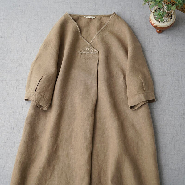 Summer  women's short sleeve linen dress loose V-neck Linen Dress leisure comfortable long dress 0424